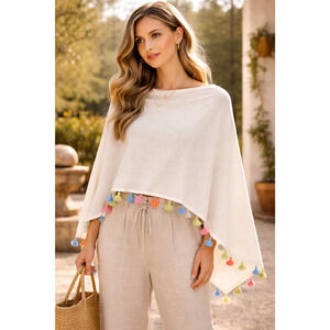 Caroline Grace Womens Dress Topper Poncho OS Cashmere Blend Tassel Trim Coastal